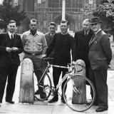 Tommy Godwin outside Winchester Cathedral with new sponsors Raleigh